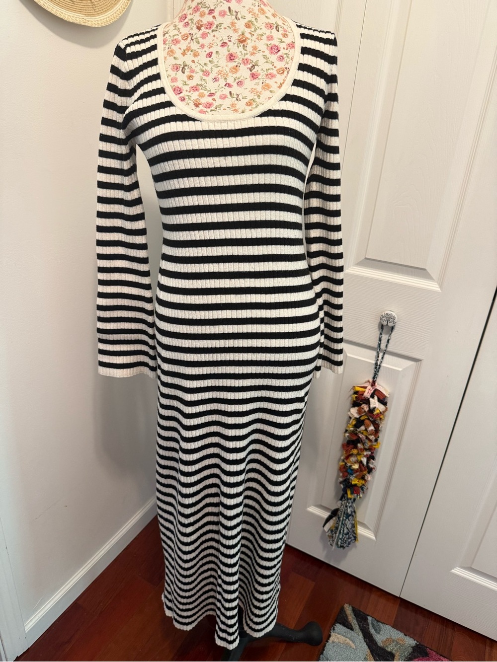 Striped Black & White Ribbed Maxi Dress - Women's